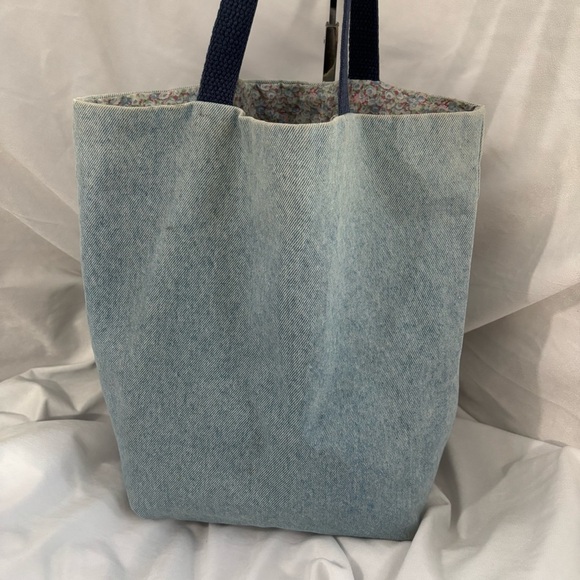 Vintage Handmade Blue Denim Floral Shoulder Tote Bag Purse Reversible - Picture 5 of 12